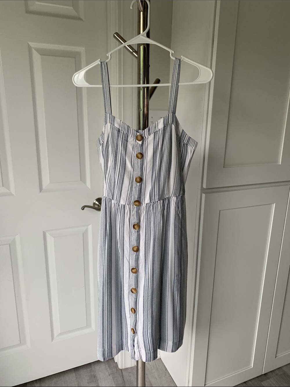 LOFT White Sundress with Navy Stripe Detail, Size 4.